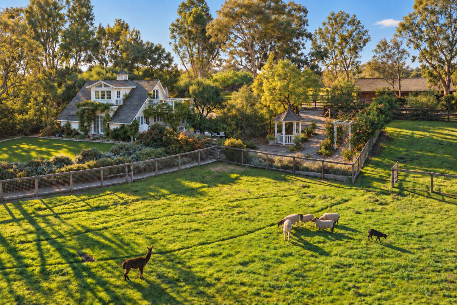 A fenced property with a house, a gazebo, and a grassy field with animals.