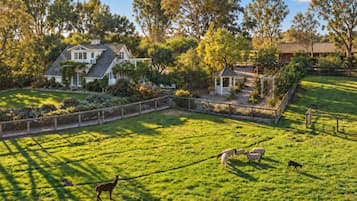 A fenced property with a house, a gazebo, and a grassy field with animals.