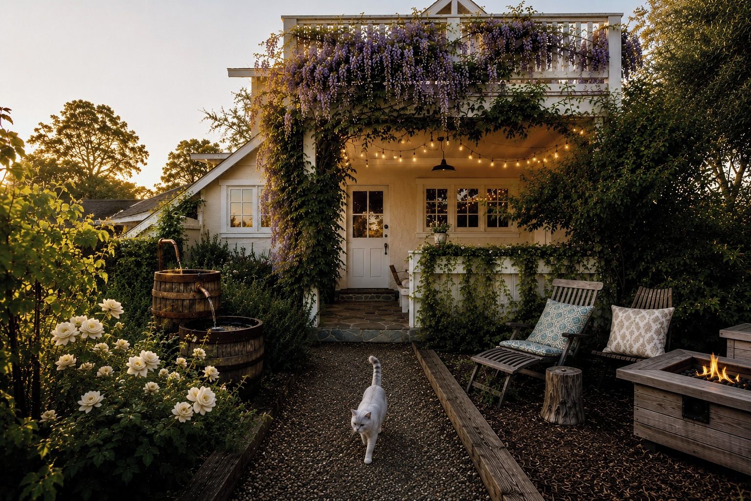 A cozy outdoor seating area with a fire pit, a cat walking on a gravel path, and a house with a covered porch adorned with purple flowers.