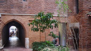 An arched brick corridor with a small garden area, a metal gate, and a person sitting on a bench. - Bijou un havre de paix   dans un immeuble de caractére du patrimoine historique (Montauban)