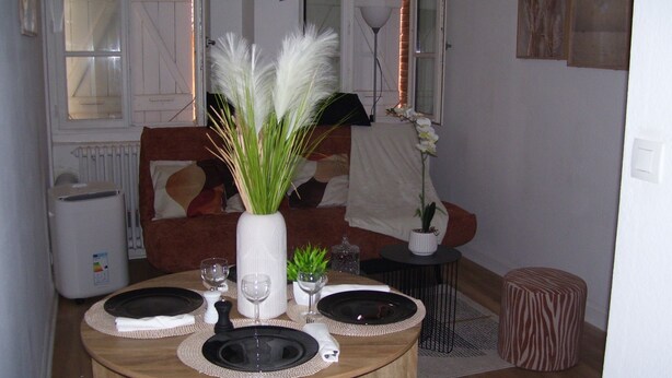 A dining area with a round table set for four, a radiator, a sofa, and a small potted plant. - Bijou un havre de paix   dans un immeuble de caractére du patrimoine historique (Montauban)