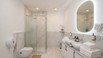 A modern bathroom with a glass-enclosed shower, a toilet, a sink with a marble countertop, and a large mirror.
