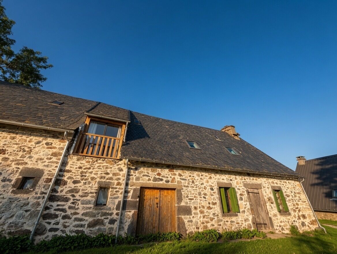 Un bâtiment en pierre avec un toit en pente, des portes en bois et de petites fenêtres.