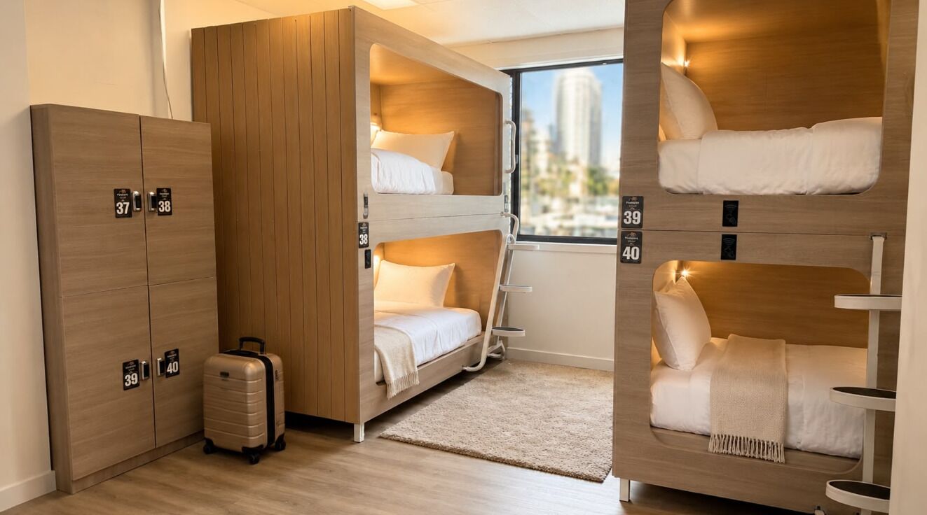 A hotel room with bunk beds, a suitcase, a window with a city view, and a wooden wardrobe with room numbers.