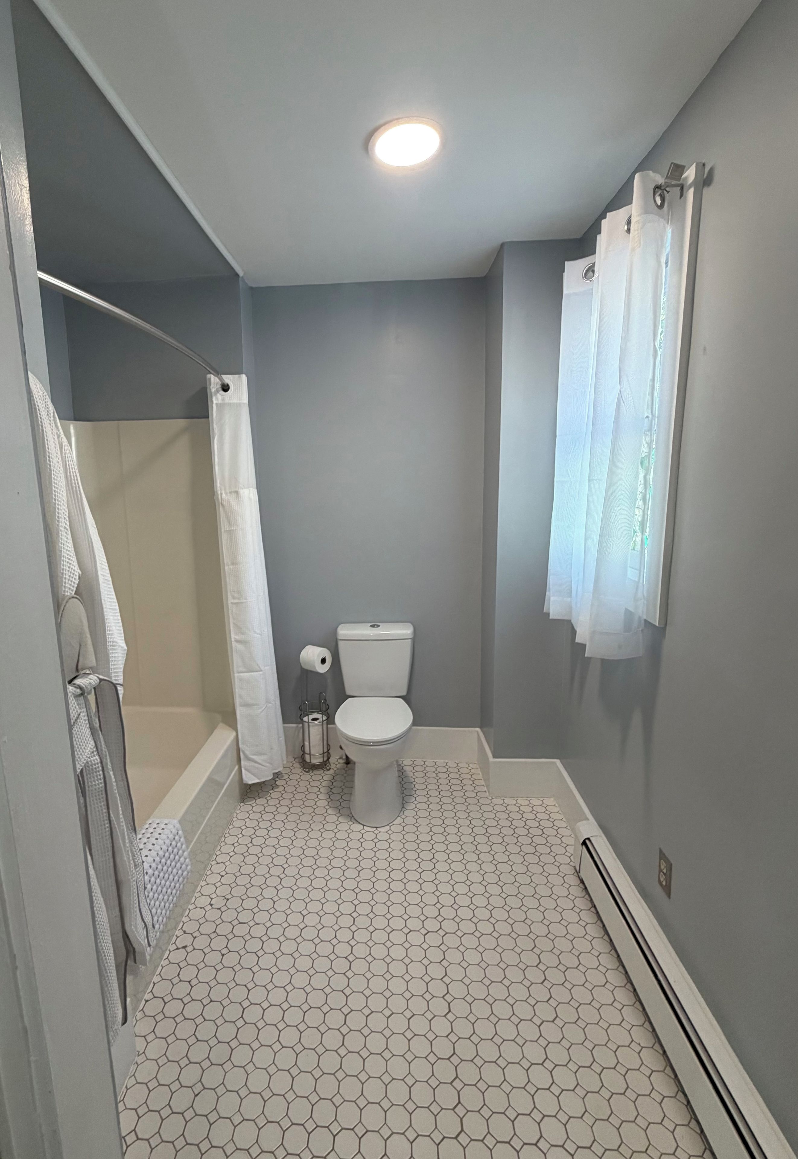 A bathroom with a toilet, shower, and a towel rack.