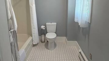 A bathroom with a toilet, shower, and a towel rack.