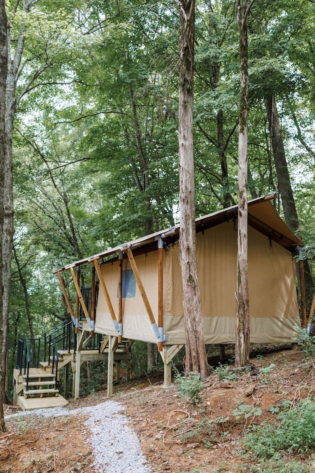 Un terrain de camping boisé, avec une tente dont la structure est soutenue par des poutres en bois, et un escalier menant à cette tente.