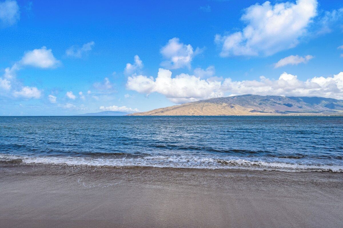 A beach with a clear sky and distant mountains.