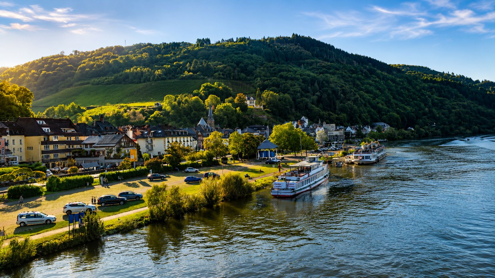 A riverside town with a boat docked near the shore, surrounded by residential buildings and lush greenery.