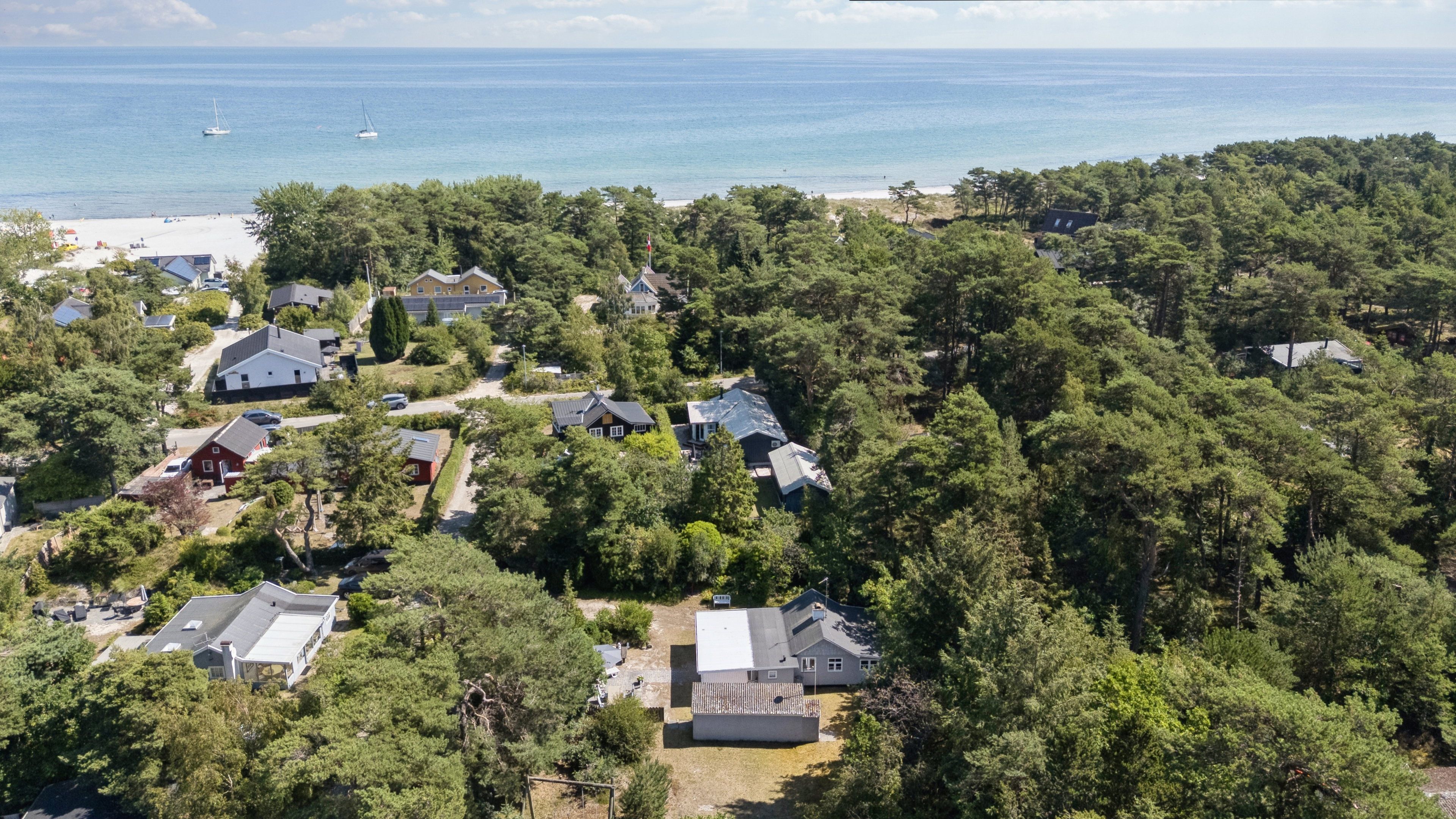 An aerial view of a residential area with houses surrounded by dense trees, a beach, and the sea in the background.