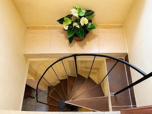 Una escalera de caracol con barandilla y una planta en maceta en lo alto.
