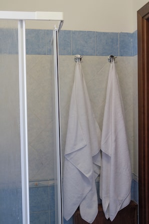 Ein Badezimmer mit Duschkabine aus Glas und zwei Handtüchern an einem Handtuchhalter.