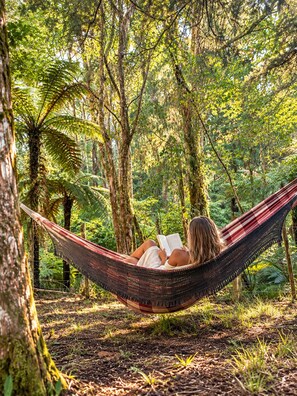 Una cadira de fil a un bosc, amb una persona llegint un llibre.