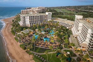 Un resort con varias edificaciones, una playa y una zona de piscina con palmeras.