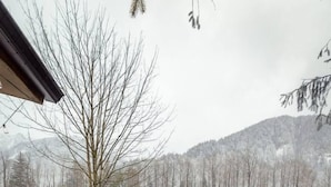 Eine Holzdielenterrasse führt zu einer Hütte mit Blick auf eine verschneite Landschaft und ein Gewässer.