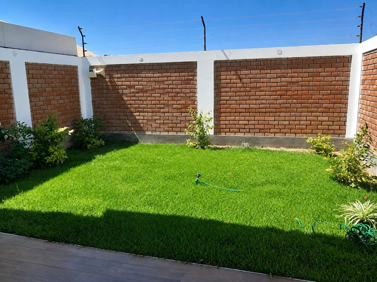 A well-maintained grassy backyard with a brick wall, a water spigot, and a hose.