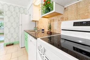 Una cocina moderna con horno empotrado, lavavajillas y un lavamanos.