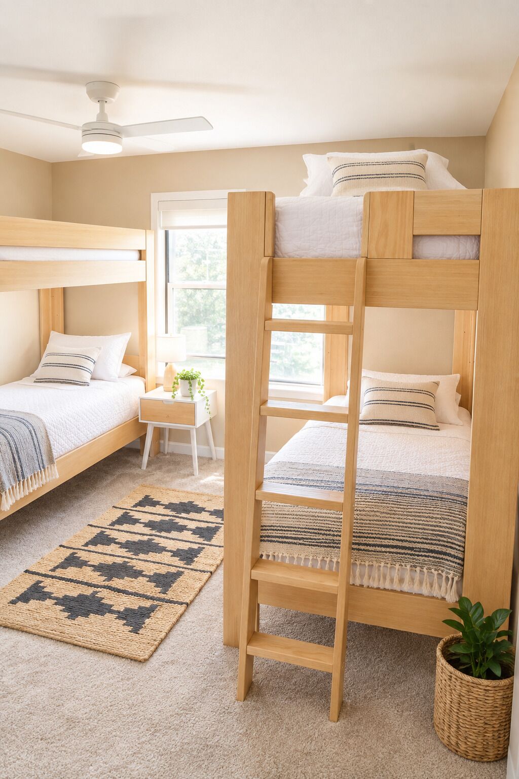 A bunk bed room with a ladder, a small desk, and a plant.