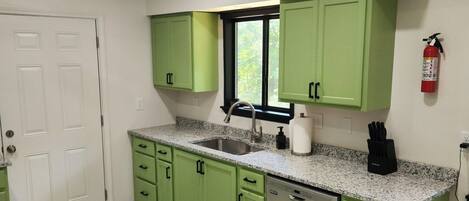 A kitchen with green cabinets, a stainless steel sink, and a dishwasher.