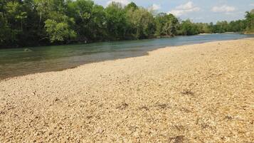 Une rive de rivière parsemée de galets, avec des arbres en arrière-plan.