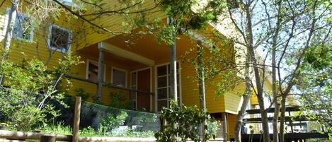 A yellow building with a porch, surrounded by trees and potted plants.