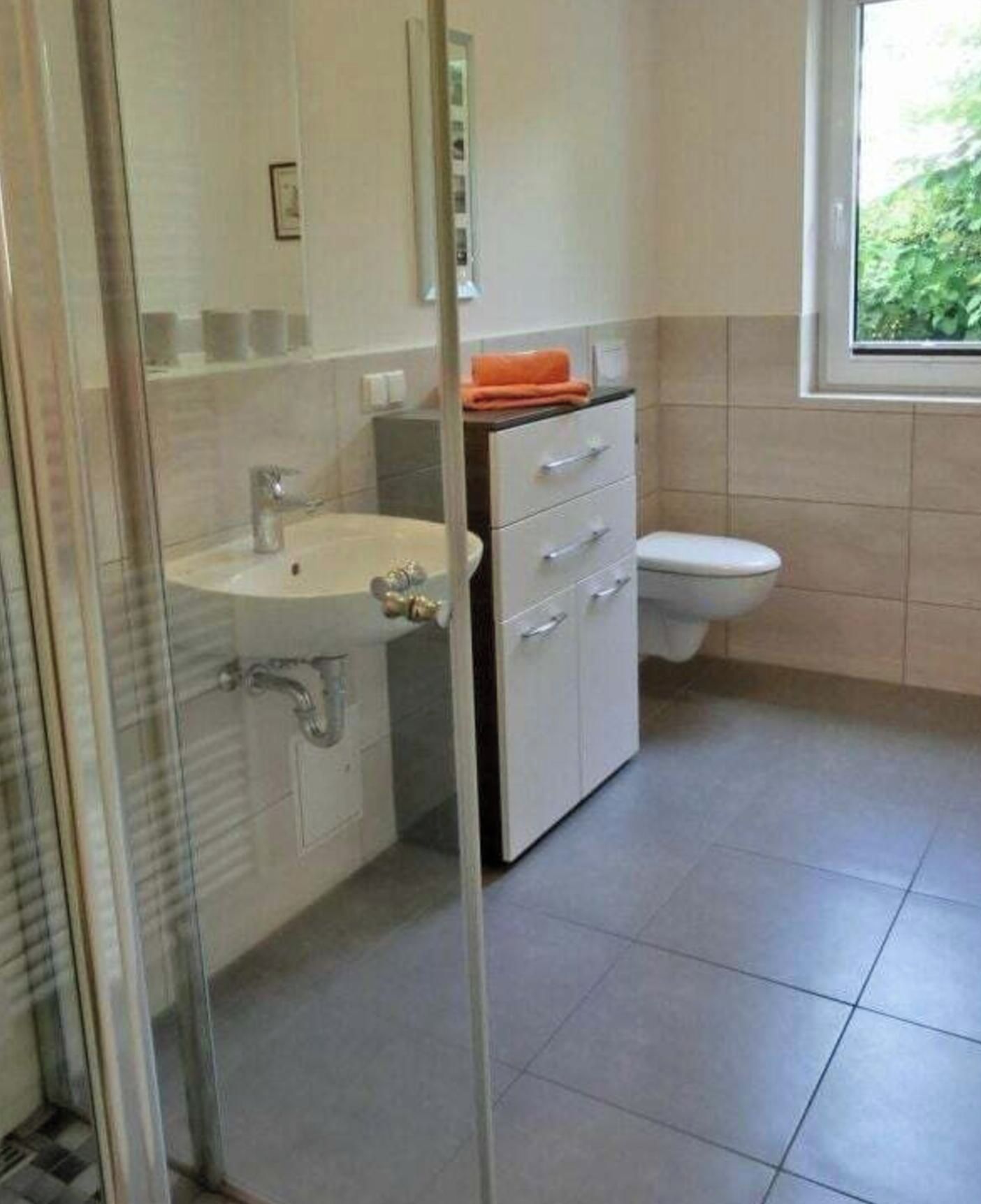 Ein Badezimmer mit Duschkabine aus Glas, einem weißen Waschbecken, einer weißen Toilette und einem Fenster mit Blick auf Grünflächen.