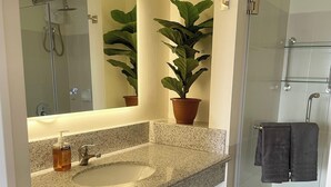Ein modernes Badezimmer mit Waschbecken auf einer Granittafel, einem großen Spiegel, einer Topfpflanze und einer Duschkabine aus Glas.