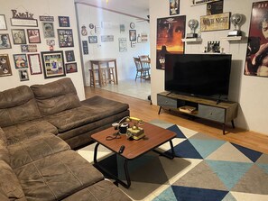 A living room with a brown leather couch, a coffee table with a camera, a flat-screen TV, and a patterned rug. - Old but bright & comfy modular home with wildlife on serene acre; family & pets (Lanesville)