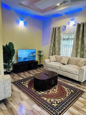 Un salon comprenant un téléviseur, un canapé, une table basse et un tapis décoratif.