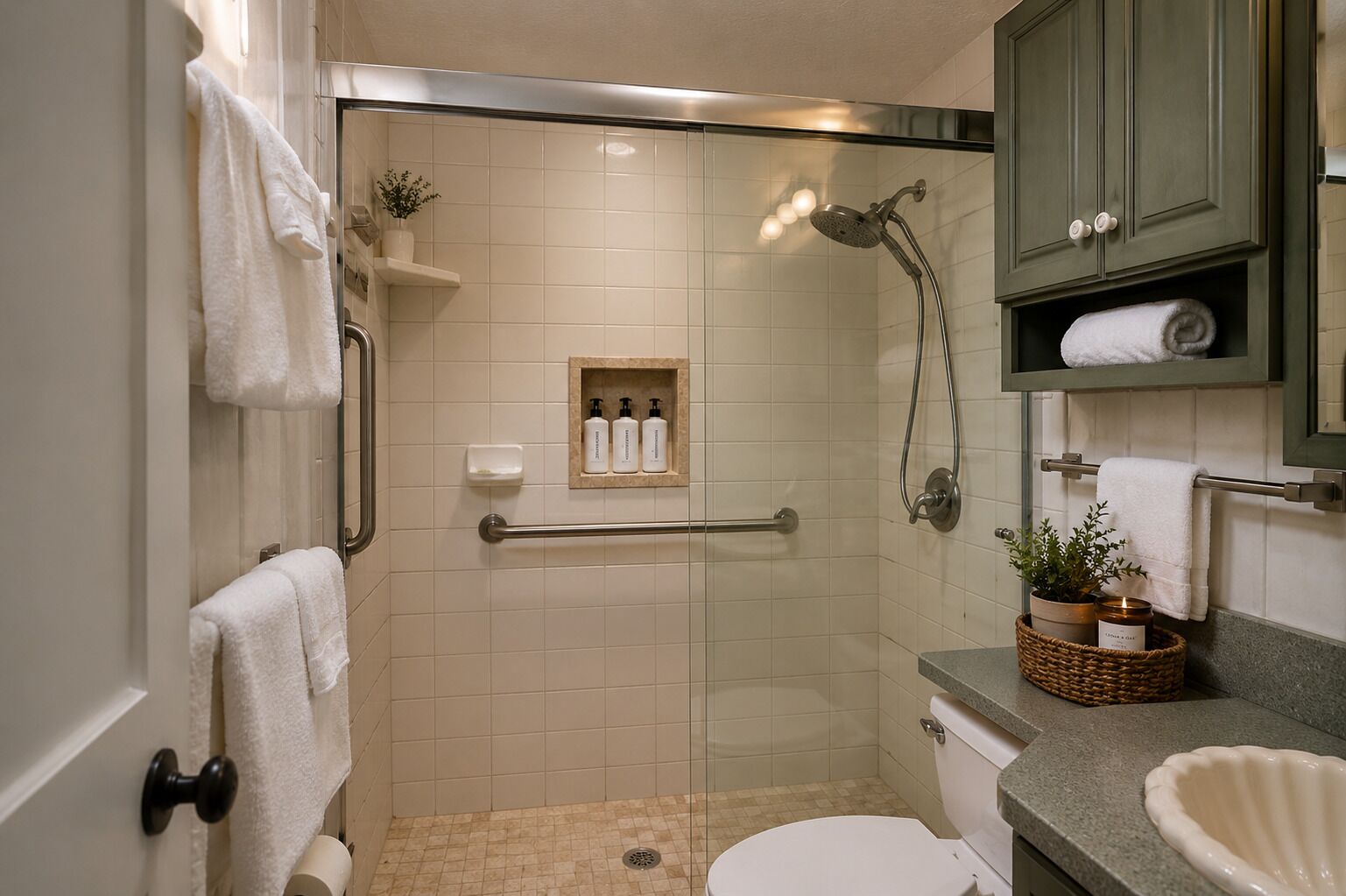 Un baño con ducha envuelta en vidrio, inodoro, lavamanos y un mueble con artículos de aseo.
