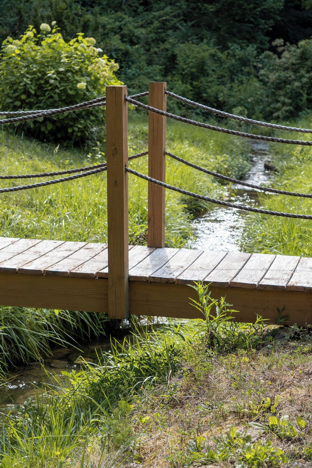 A wooden bridge with rope railing over a stream, surrounded by greenery.