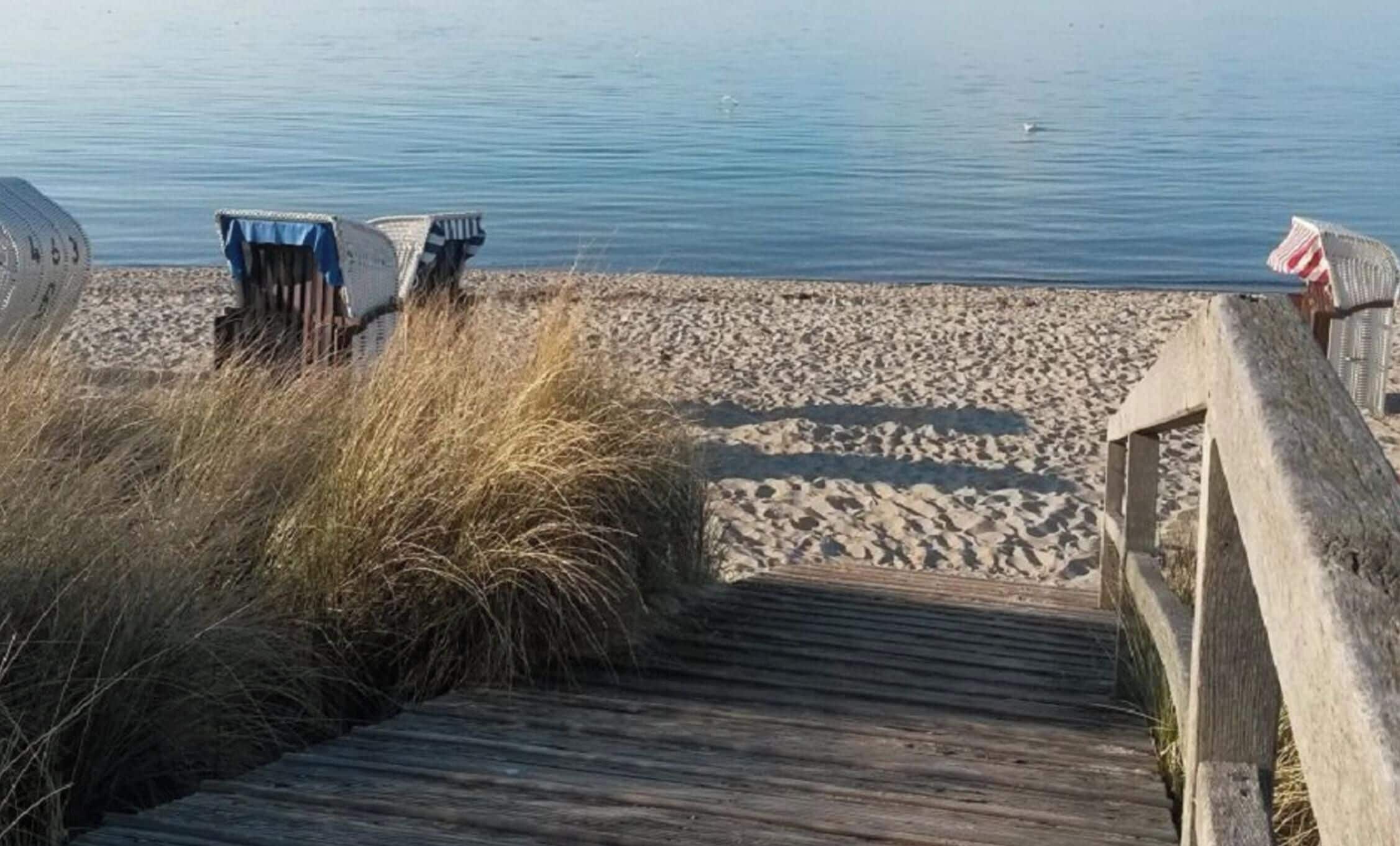 Une promenade en bois mène à une plage de sable fin, avec une étendue d’eau calme en arrière-plan.