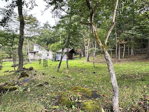 A rustic cabin surrounded by a forested area with a grassy field and a small pond.