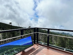 Un balcón con vistas a una cadena montañosa arbolada y un cielo despejado.