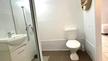 A bathroom with a toilet, sink, and mirror.