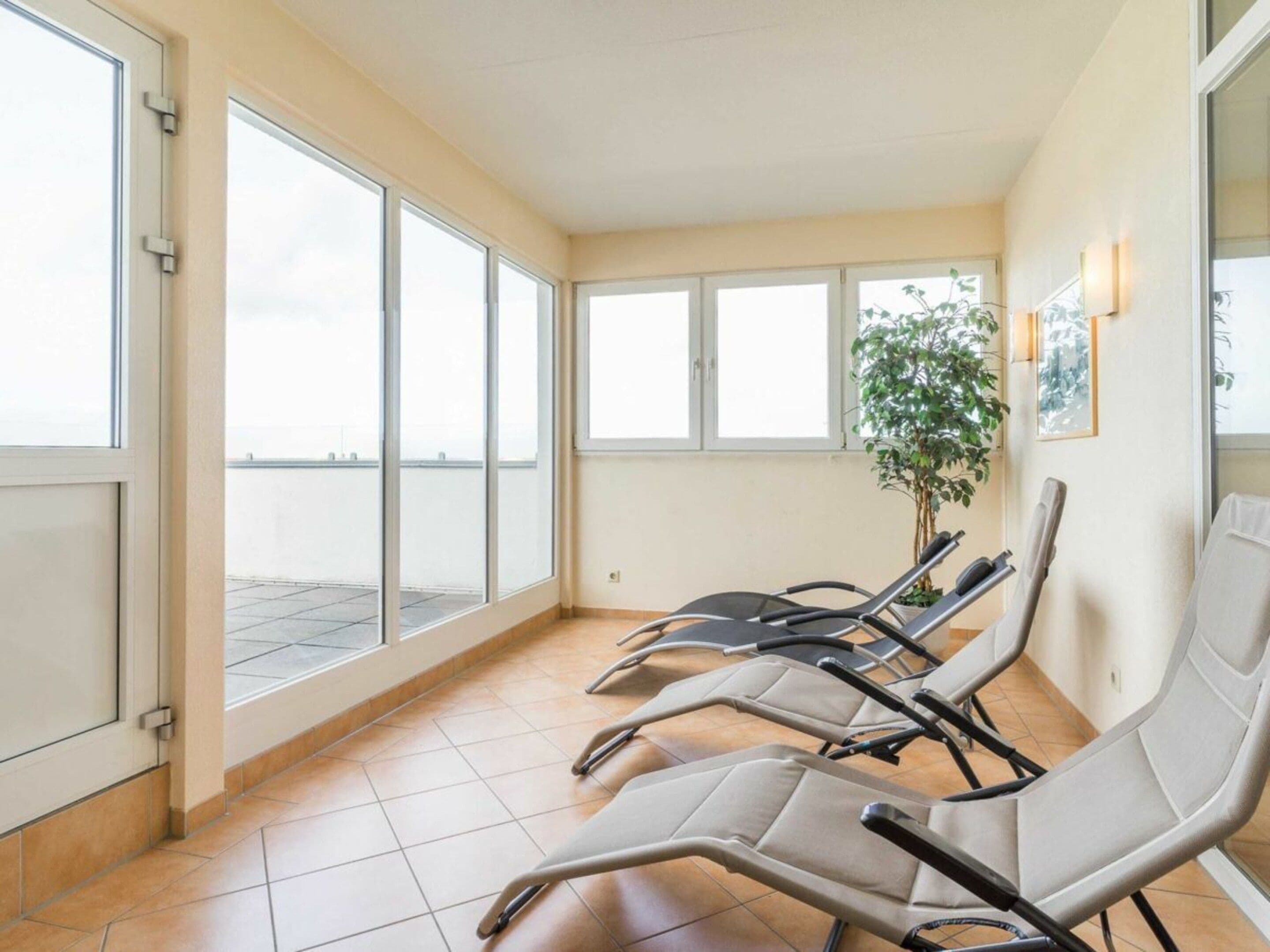 Une salle d’attente avec une rangée de chaises, de grandes fenêtres et une plante en pot.