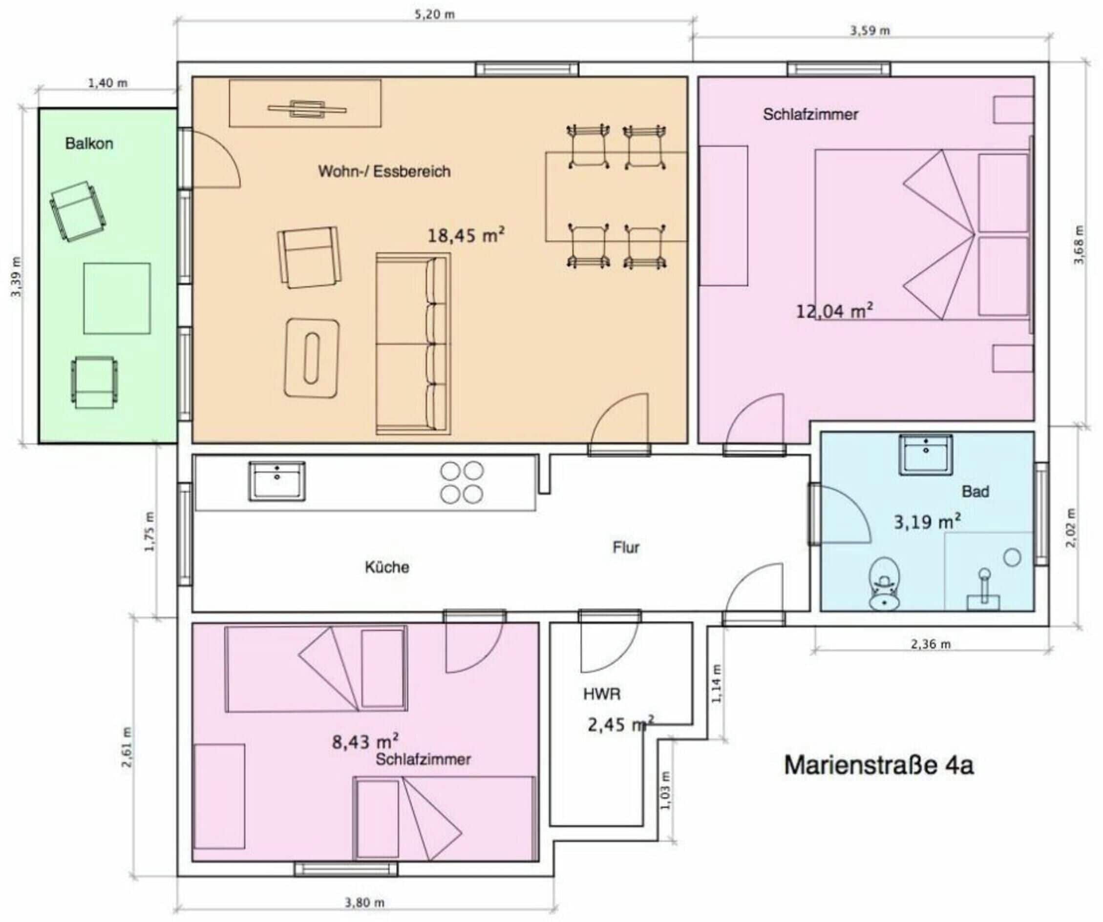 A floor plan of a property with a balcony, living area, bedroom, bathroom, kitchen, and a small bathroom.