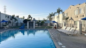 Piscina con sillas de descanso y sombrillas, rodeada por una valla y palmeras.
