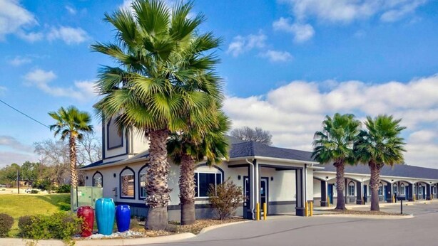 Un motel con una fila di camere, palme e vasi colorati in primo piano.