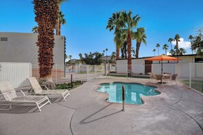 Ein Swimmingpool mit Liegestühlen und einem Tisch, umgeben von Palmen und einer Einfriedung.