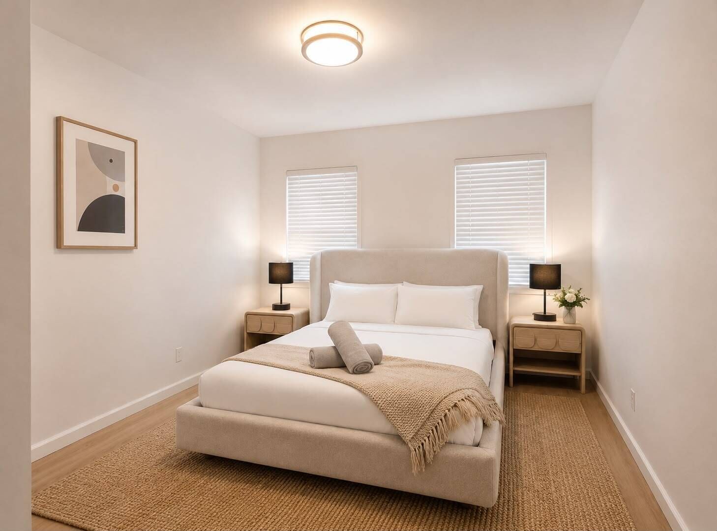 A bedroom with a bed, bedside tables, a lamp, a picture on the wall, and a ceiling light.