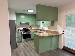 Une cuisine avec des meubles de couleur verte, un réfrigérateur en acier inoxydable, un four encastré et un plan de travail en granit.