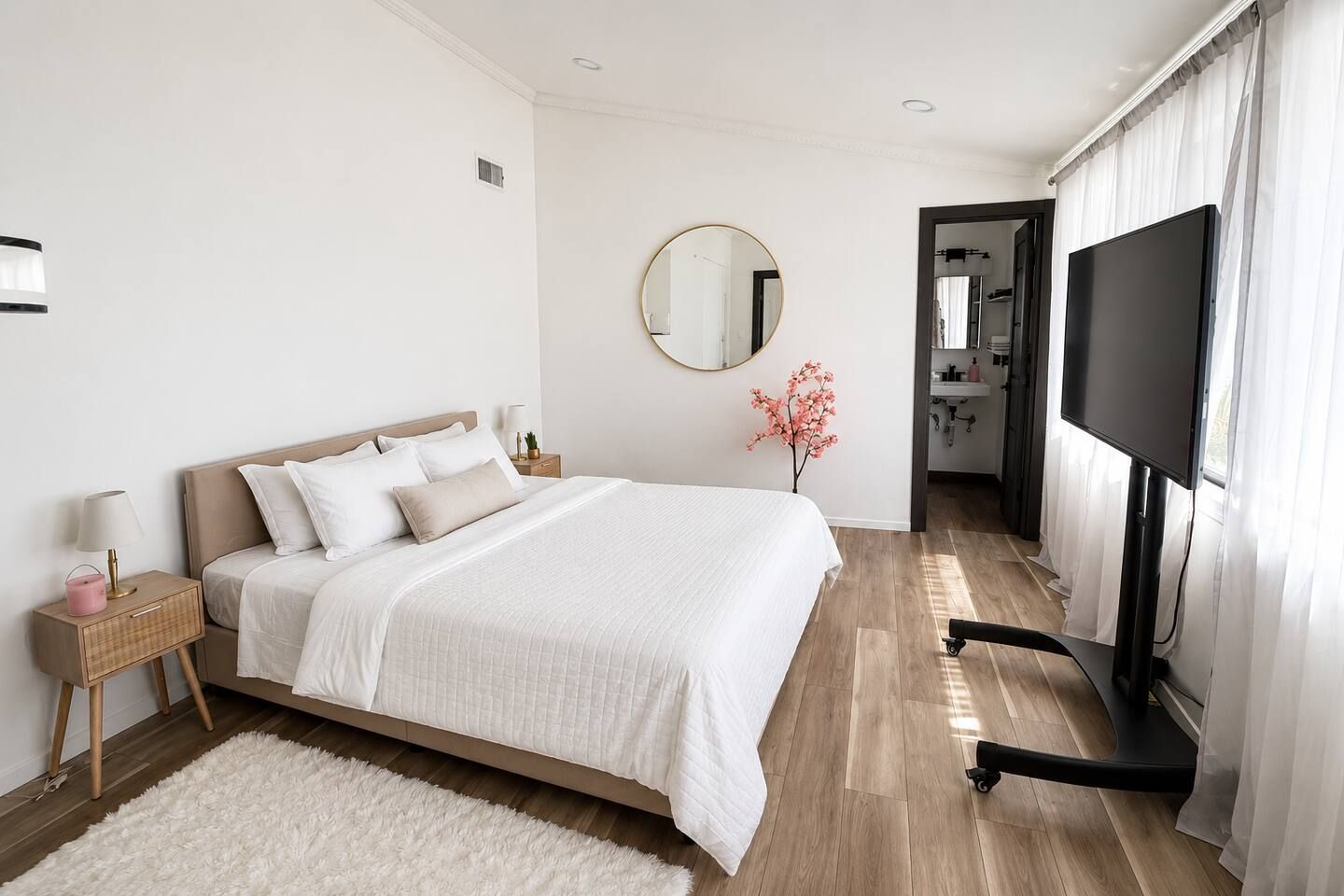 A bedroom with a bed, bedside tables, a TV, and a mirror.