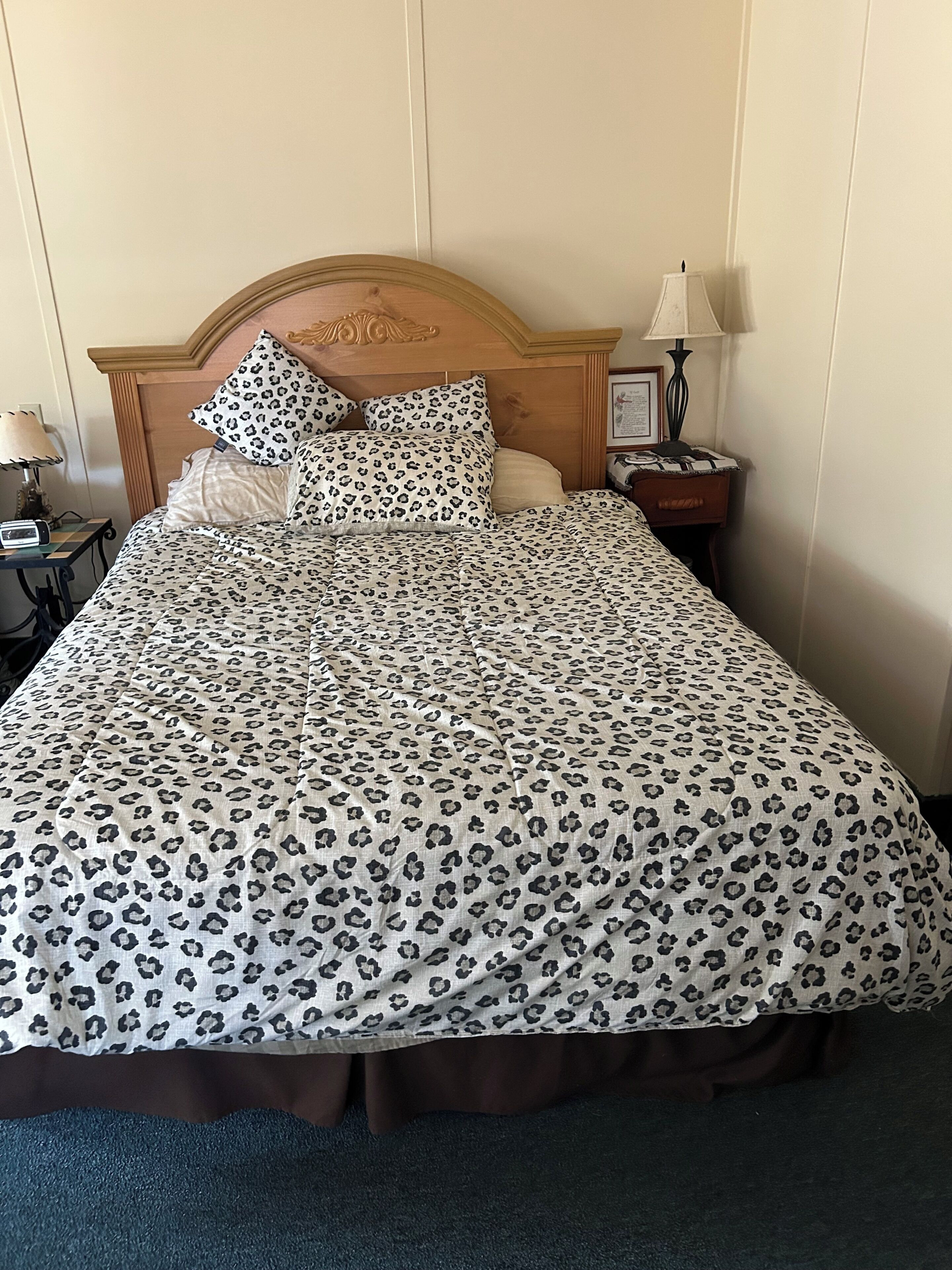 A hotel room with a bed, a nightstand, a lamp, and a framed picture.