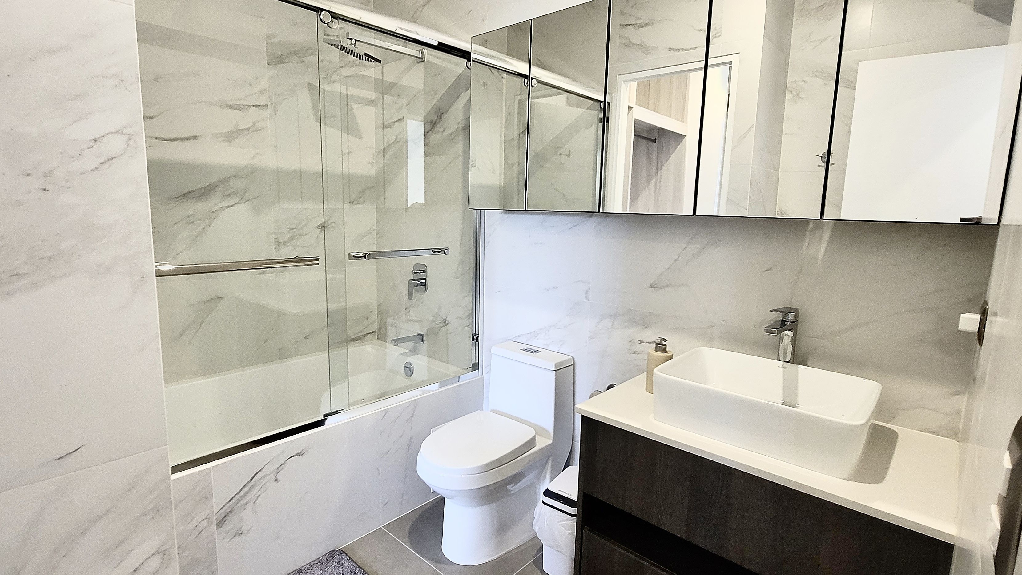 Une salle de bain moderne avec une douche à parois de verre, des toilettes et un lavabo.