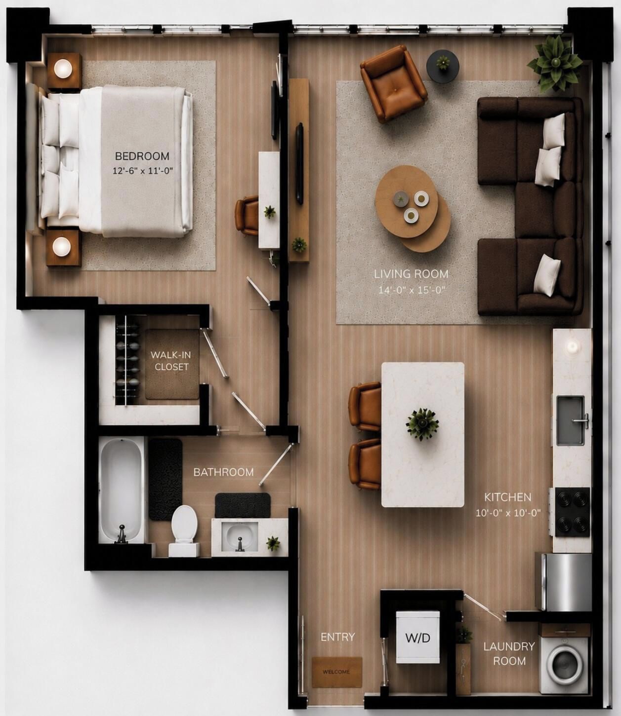 Grundriss einer modernen Wohnung mit Schlafzimmer, Wohnzimmer, Ankleidezimmer, Bad, Küche, Eingangsbereich und Waschraum.