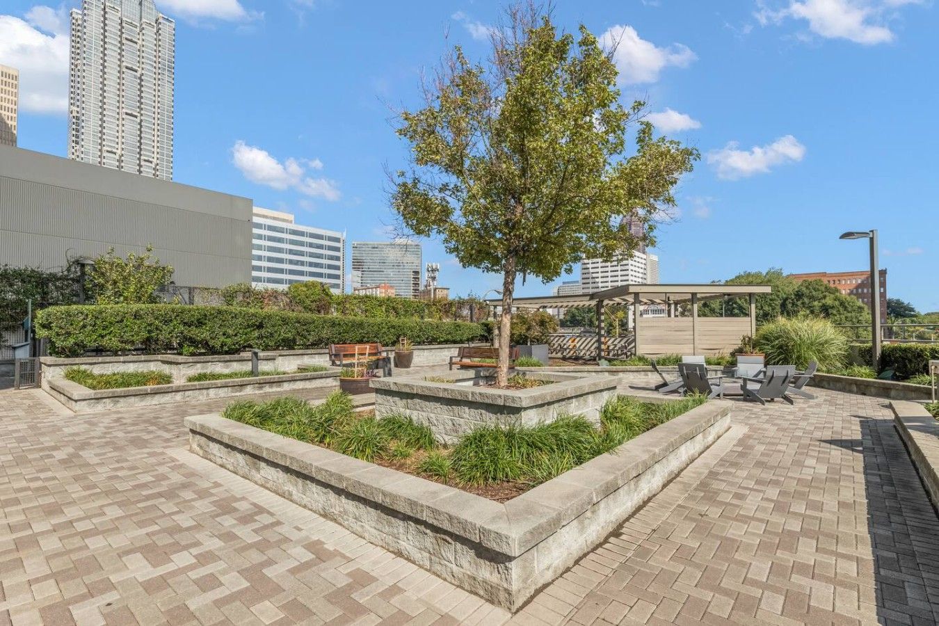 Un espace extérieur aménagé en terrasse, avec des sièges, un arbre et une vue sur le paysage urbain.