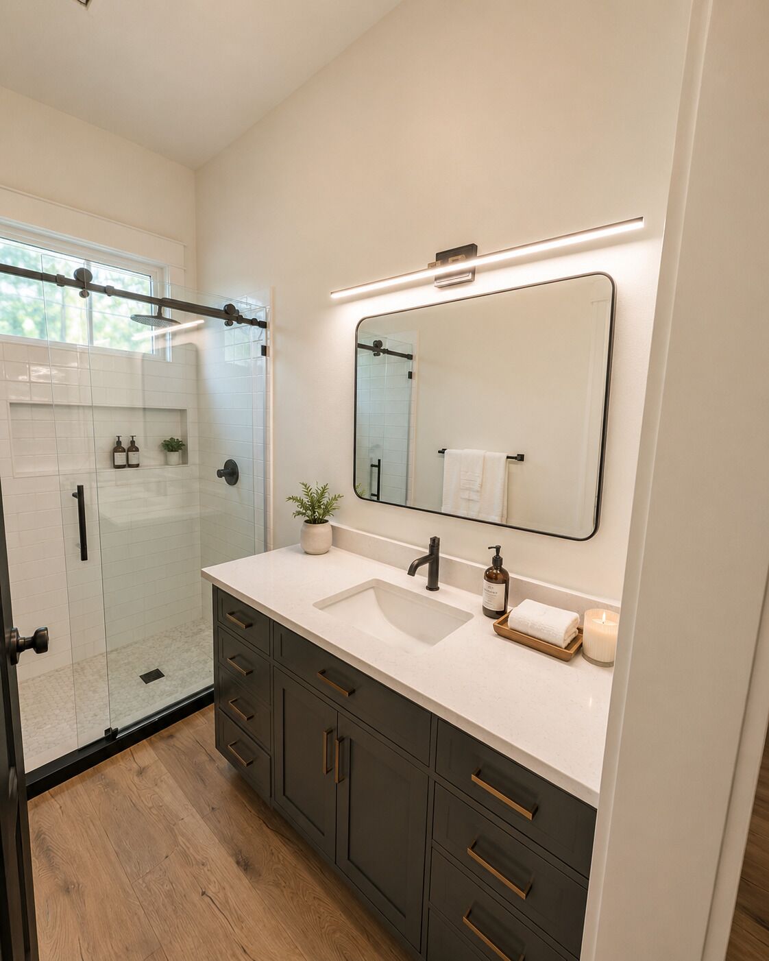 A modern bathroom with a glass shower enclosure, a double sink vanity, and a large mirror.
