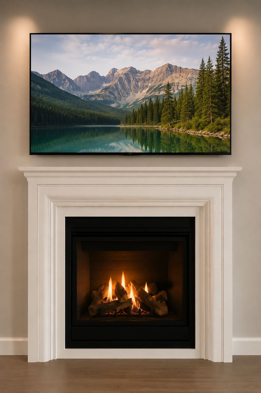 Una chimenea con un cuadro de paisaje enmarcado encima.