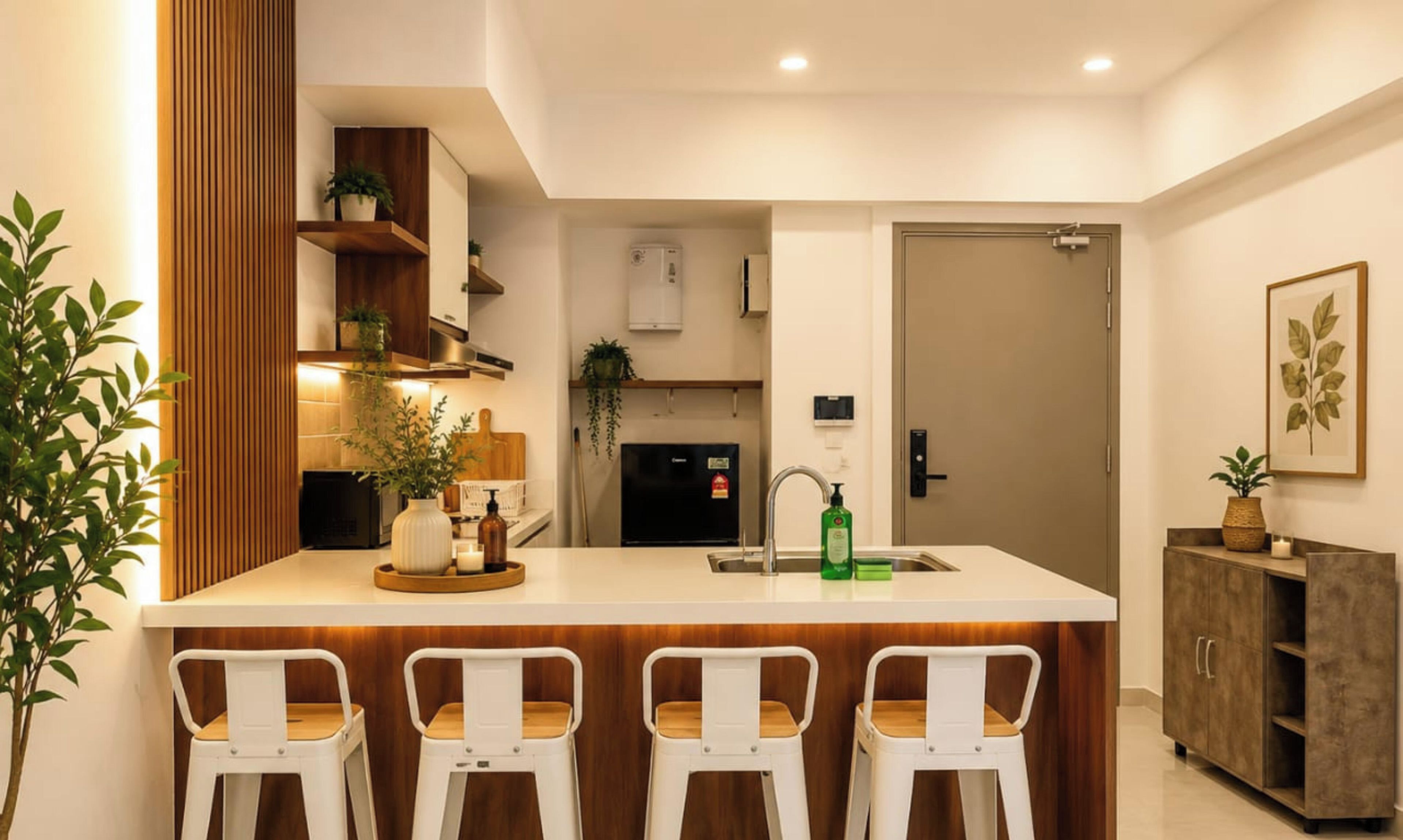Cozinha moderna com ilha central, banquetas e armário.